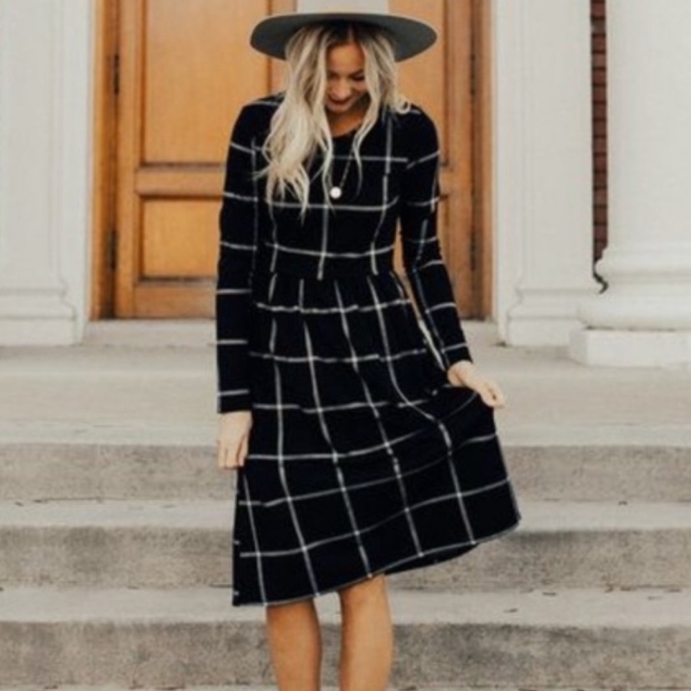 Roolee black grid checked midi-dress